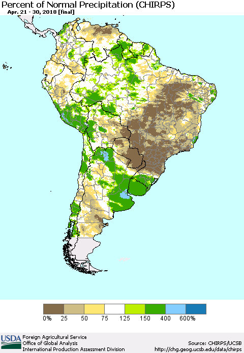 South America Percent of Normal Precipitation (CHIRPS) Thematic Map For 4/21/2018 - 4/30/2018