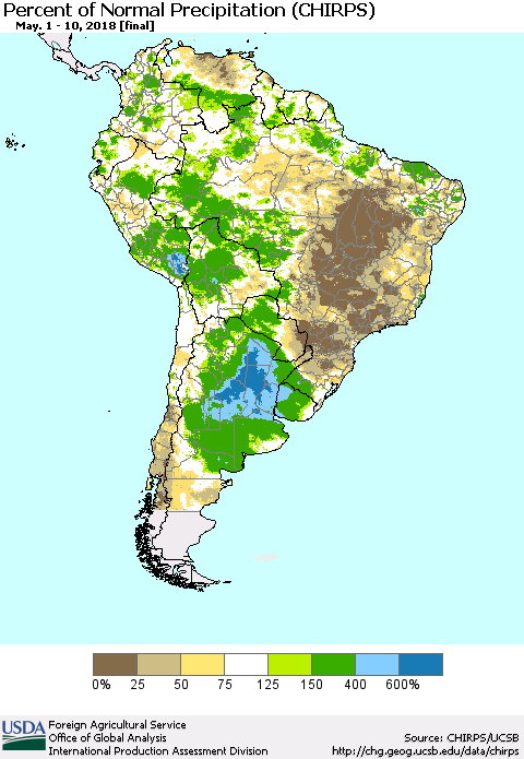 South America Percent of Normal Precipitation (CHIRPS) Thematic Map For 5/1/2018 - 5/10/2018