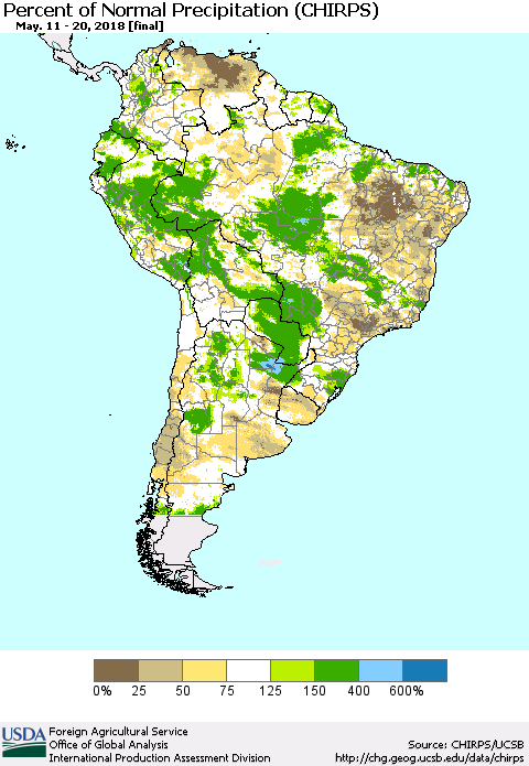 South America Percent of Normal Precipitation (CHIRPS) Thematic Map For 5/11/2018 - 5/20/2018