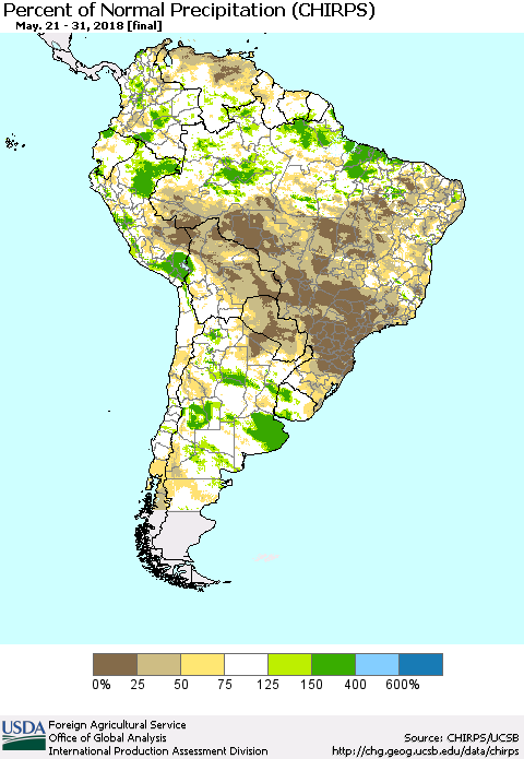 South America Percent of Normal Precipitation (CHIRPS) Thematic Map For 5/21/2018 - 5/31/2018