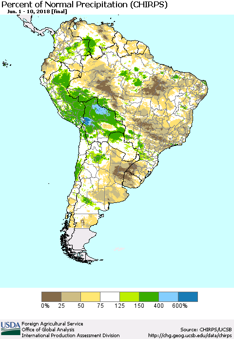 South America Percent of Normal Precipitation (CHIRPS) Thematic Map For 6/1/2018 - 6/10/2018