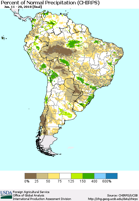 South America Percent of Normal Precipitation (CHIRPS) Thematic Map For 6/11/2018 - 6/20/2018