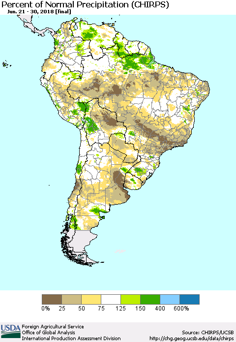 South America Percent of Normal Precipitation (CHIRPS) Thematic Map For 6/21/2018 - 6/30/2018