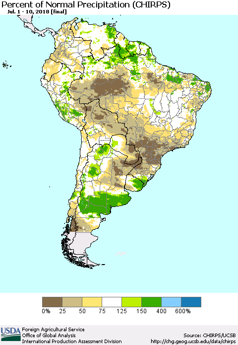 South America Percent of Normal Precipitation (CHIRPS) Thematic Map For 7/1/2018 - 7/10/2018