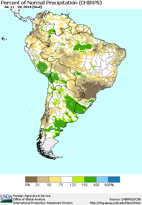 South America Percent of Normal Precipitation (CHIRPS) Thematic Map For 7/11/2018 - 7/20/2018