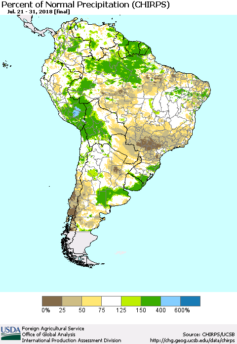 South America Percent of Normal Precipitation (CHIRPS) Thematic Map For 7/21/2018 - 7/31/2018