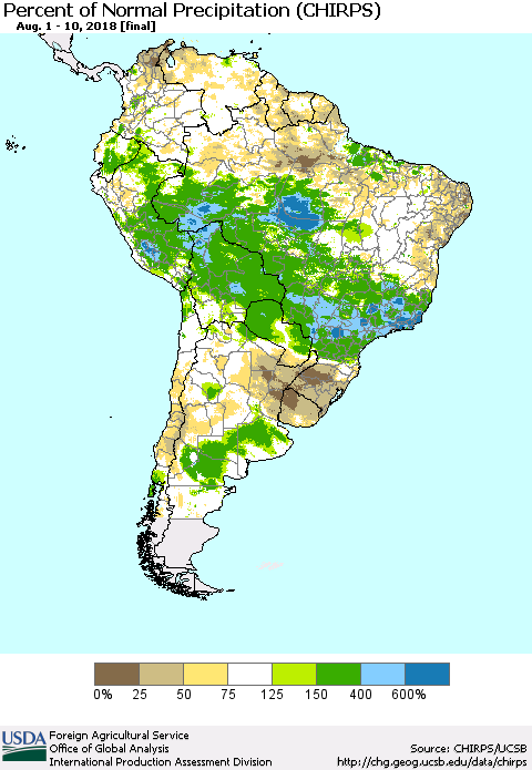 South America Percent of Normal Precipitation (CHIRPS) Thematic Map For 8/1/2018 - 8/10/2018