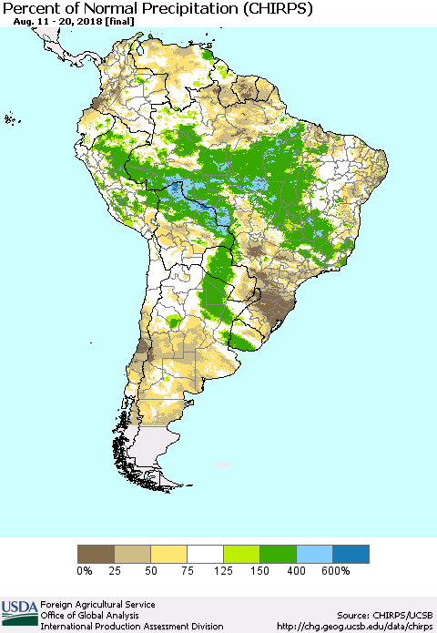 South America Percent of Normal Precipitation (CHIRPS) Thematic Map For 8/11/2018 - 8/20/2018