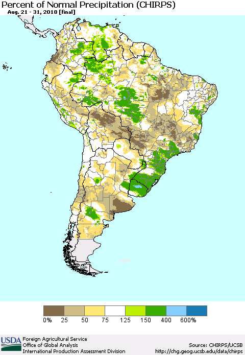 South America Percent of Normal Precipitation (CHIRPS) Thematic Map For 8/21/2018 - 8/31/2018