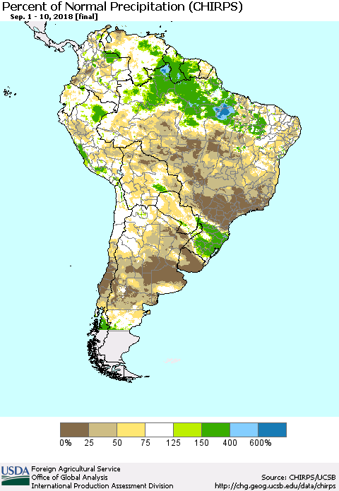 South America Percent of Normal Precipitation (CHIRPS) Thematic Map For 9/1/2018 - 9/10/2018