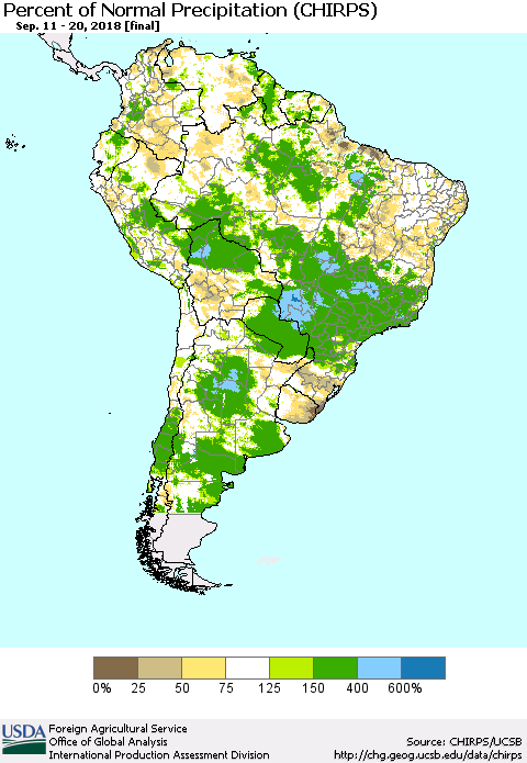 South America Percent of Normal Precipitation (CHIRPS) Thematic Map For 9/11/2018 - 9/20/2018
