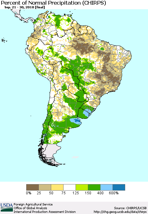South America Percent of Normal Precipitation (CHIRPS) Thematic Map For 9/21/2018 - 9/30/2018