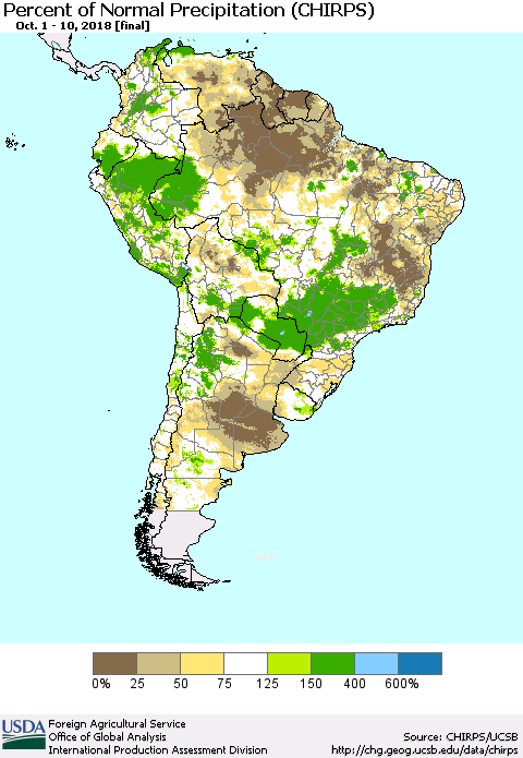 South America Percent of Normal Precipitation (CHIRPS) Thematic Map For 10/1/2018 - 10/10/2018