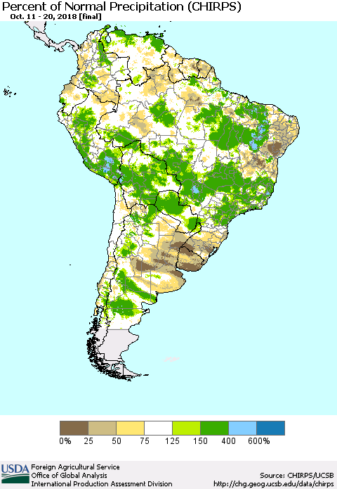 South America Percent of Normal Precipitation (CHIRPS) Thematic Map For 10/11/2018 - 10/20/2018