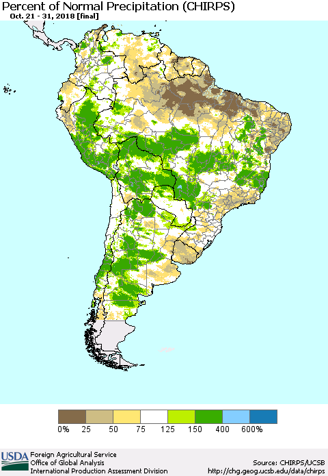 South America Percent of Normal Precipitation (CHIRPS) Thematic Map For 10/21/2018 - 10/31/2018