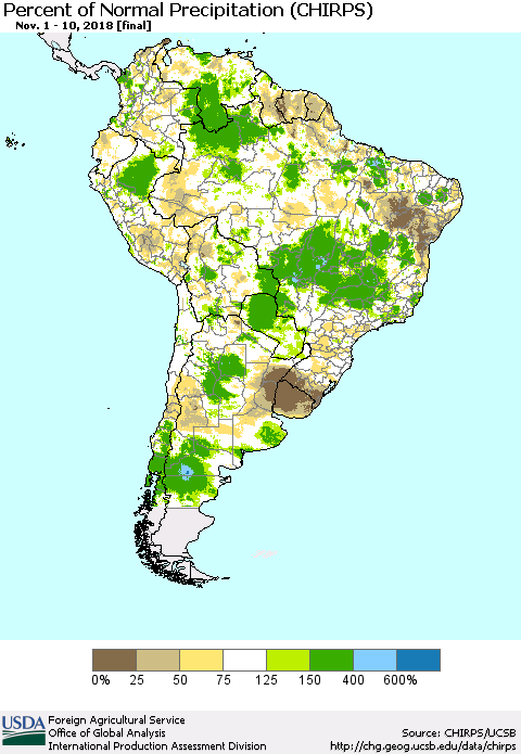 South America Percent of Normal Precipitation (CHIRPS) Thematic Map For 11/1/2018 - 11/10/2018