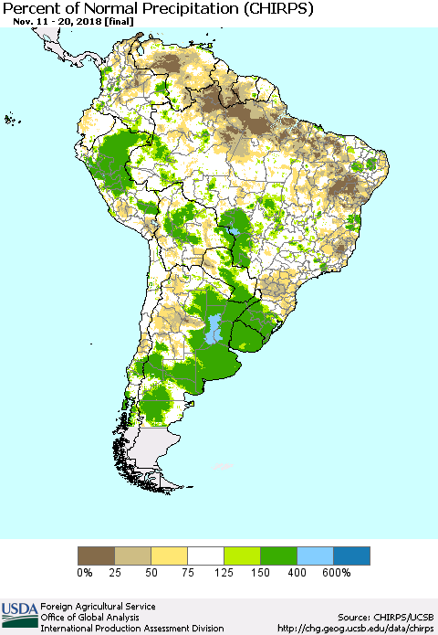 South America Percent of Normal Precipitation (CHIRPS) Thematic Map For 11/11/2018 - 11/20/2018