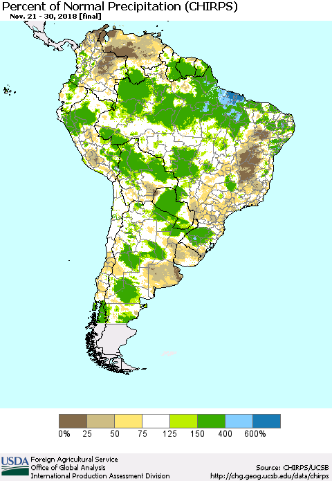 South America Percent of Normal Precipitation (CHIRPS) Thematic Map For 11/21/2018 - 11/30/2018