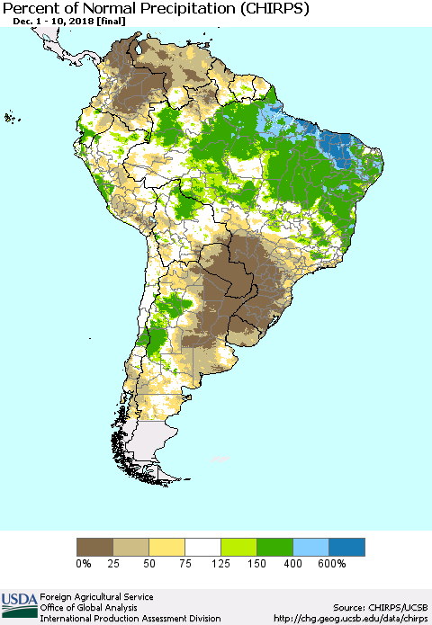 South America Percent of Normal Precipitation (CHIRPS) Thematic Map For 12/1/2018 - 12/10/2018