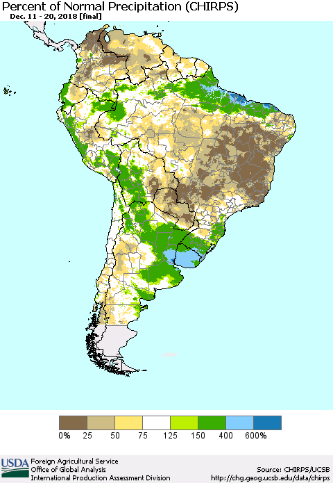 South America Percent of Normal Precipitation (CHIRPS) Thematic Map For 12/11/2018 - 12/20/2018