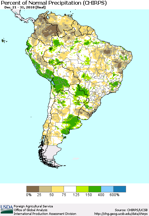South America Percent of Normal Precipitation (CHIRPS) Thematic Map For 12/21/2018 - 12/31/2018
