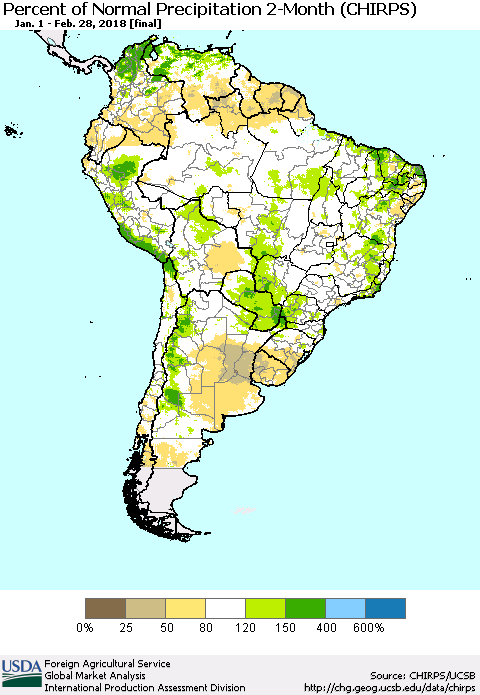 South America Percent of Normal Precipitation 2-Month (CHIRPS) Thematic Map For 1/1/2018 - 2/28/2018