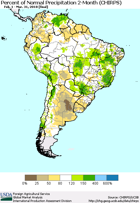 South America Percent of Normal Precipitation 2-Month (CHIRPS) Thematic Map For 2/1/2018 - 3/31/2018