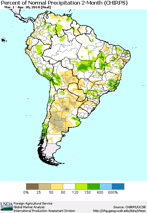 South America Percent of Normal Precipitation 2-Month (CHIRPS) Thematic Map For 3/1/2018 - 4/30/2018