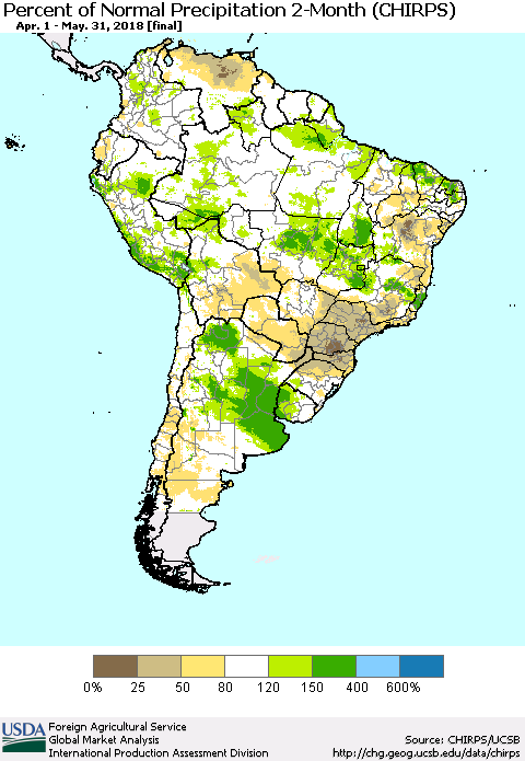 South America Percent of Normal Precipitation 2-Month (CHIRPS) Thematic Map For 4/1/2018 - 5/31/2018