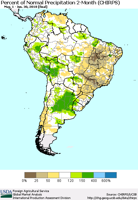 South America Percent of Normal Precipitation 2-Month (CHIRPS) Thematic Map For 5/1/2018 - 6/30/2018