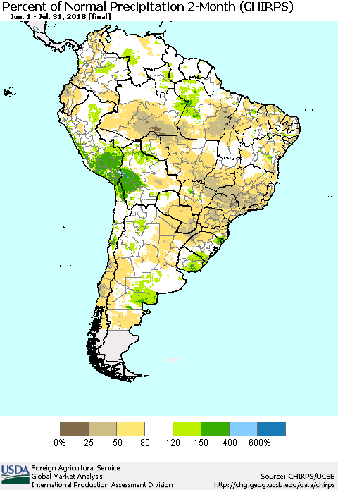 South America Percent of Normal Precipitation 2-Month (CHIRPS) Thematic Map For 6/1/2018 - 7/31/2018