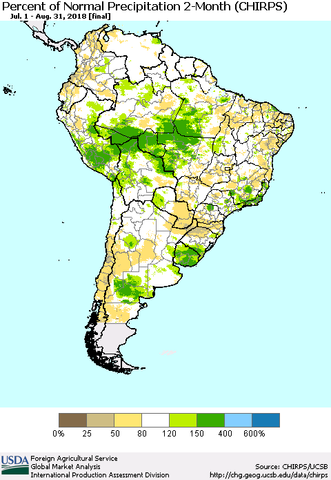 South America Percent of Normal Precipitation 2-Month (CHIRPS) Thematic Map For 7/1/2018 - 8/31/2018