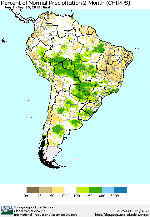 South America Percent of Normal Precipitation 2-Month (CHIRPS) Thematic Map For 8/1/2018 - 9/30/2018