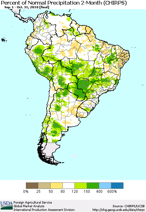 South America Percent of Normal Precipitation 2-Month (CHIRPS) Thematic Map For 9/1/2018 - 10/31/2018