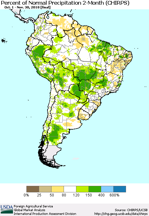 South America Percent of Normal Precipitation 2-Month (CHIRPS) Thematic Map For 10/1/2018 - 11/30/2018