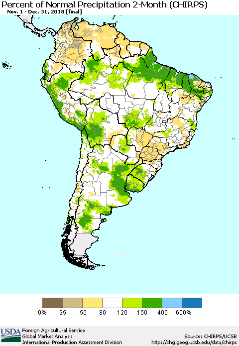 South America Percent of Normal Precipitation 2-Month (CHIRPS) Thematic Map For 11/1/2018 - 12/31/2018
