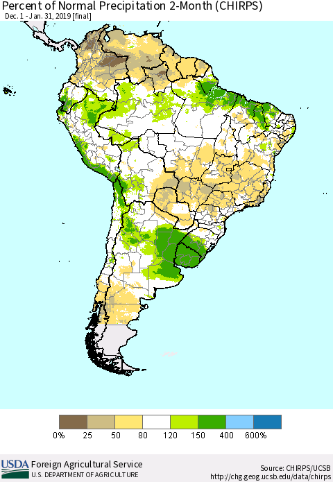 South America Percent of Normal Precipitation 2-Month (CHIRPS) Thematic Map For 12/1/2018 - 1/31/2019