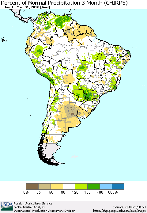 South America Percent of Normal Precipitation 3-Month (CHIRPS) Thematic Map For 1/1/2018 - 3/31/2018