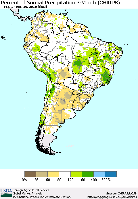 South America Percent of Normal Precipitation 3-Month (CHIRPS) Thematic Map For 2/1/2018 - 4/30/2018
