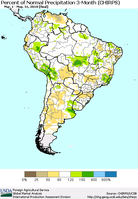 South America Percent of Normal Precipitation 3-Month (CHIRPS) Thematic Map For 3/1/2018 - 5/31/2018