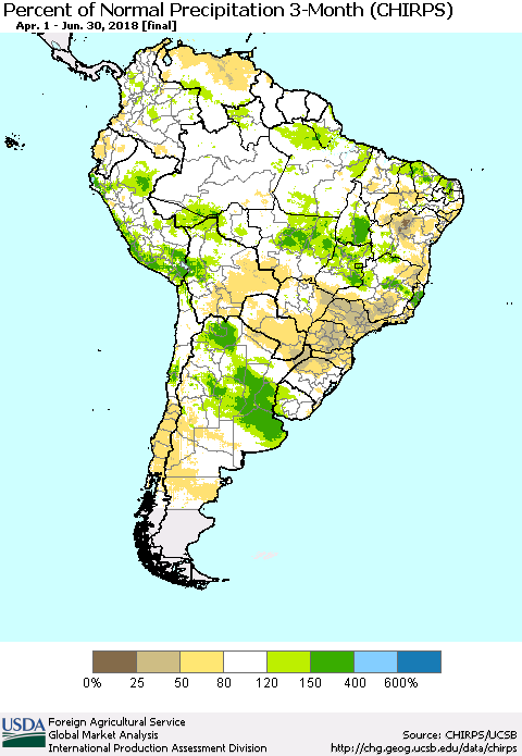 South America Percent of Normal Precipitation 3-Month (CHIRPS) Thematic Map For 4/1/2018 - 6/30/2018