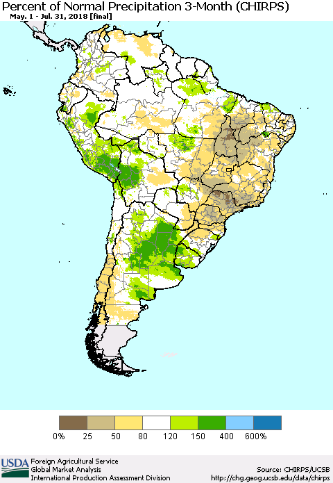 South America Percent of Normal Precipitation 3-Month (CHIRPS) Thematic Map For 5/1/2018 - 7/31/2018