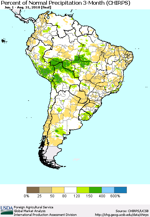 South America Percent of Normal Precipitation 3-Month (CHIRPS) Thematic Map For 6/1/2018 - 8/31/2018