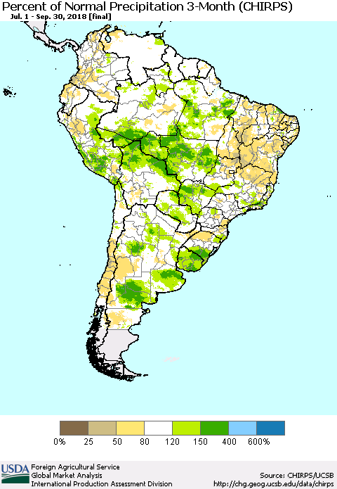 South America Percent of Normal Precipitation 3-Month (CHIRPS) Thematic Map For 7/1/2018 - 9/30/2018