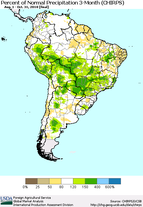 South America Percent of Normal Precipitation 3-Month (CHIRPS) Thematic Map For 8/1/2018 - 10/31/2018