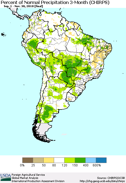 South America Percent of Normal Precipitation 3-Month (CHIRPS) Thematic Map For 9/1/2018 - 11/30/2018