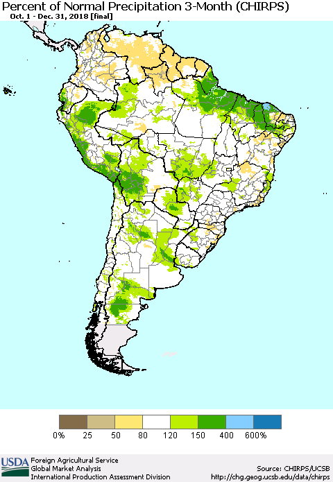 South America Percent of Normal Precipitation 3-Month (CHIRPS) Thematic Map For 10/1/2018 - 12/31/2018