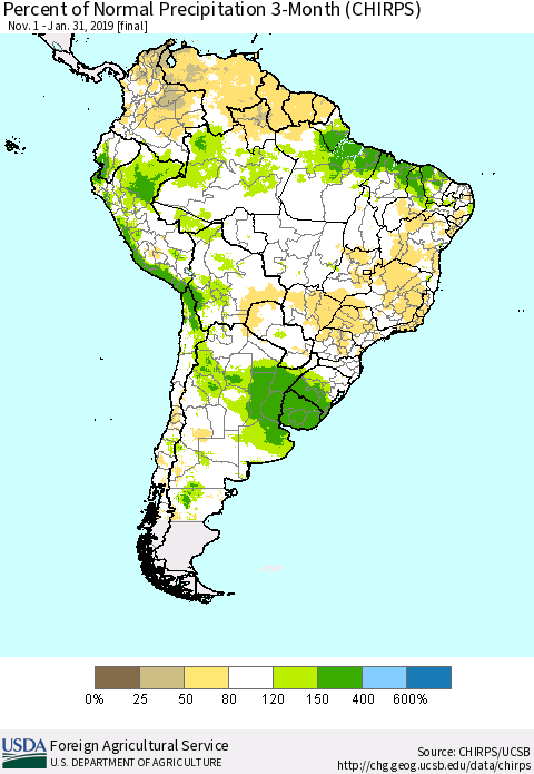 South America Percent of Normal Precipitation 3-Month (CHIRPS) Thematic Map For 11/1/2018 - 1/31/2019
