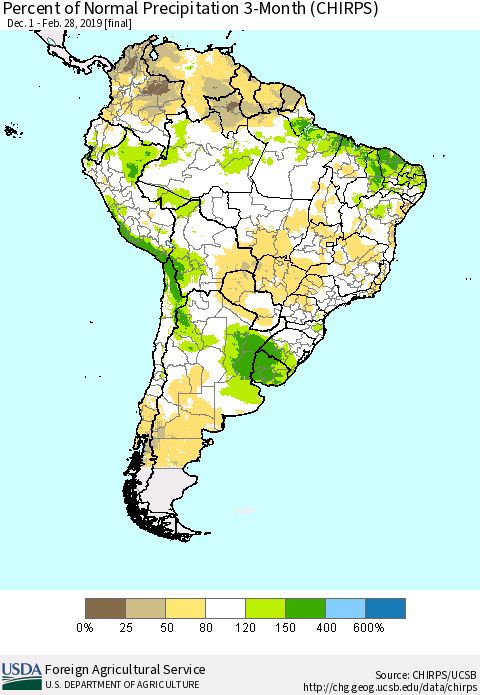 South America Percent of Normal Precipitation 3-Month (CHIRPS) Thematic Map For 12/1/2018 - 2/28/2019