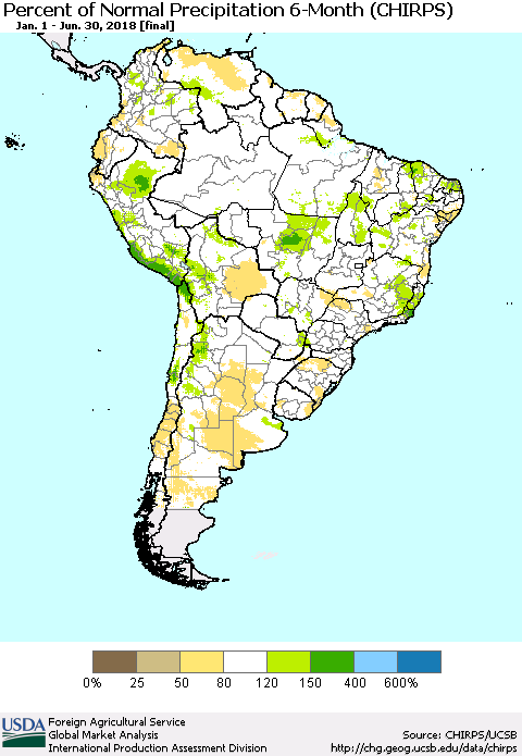 South America Percent of Normal Precipitation 6-Month (CHIRPS) Thematic Map For 1/1/2018 - 6/30/2018